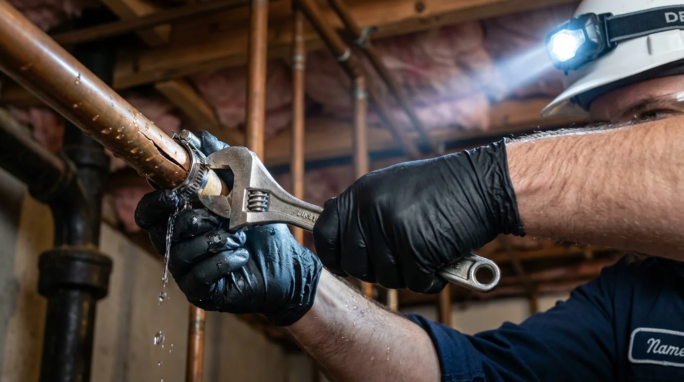 Emergency pipe clamp repair being performed by a Johns Plumbing LLC plumber in Comer